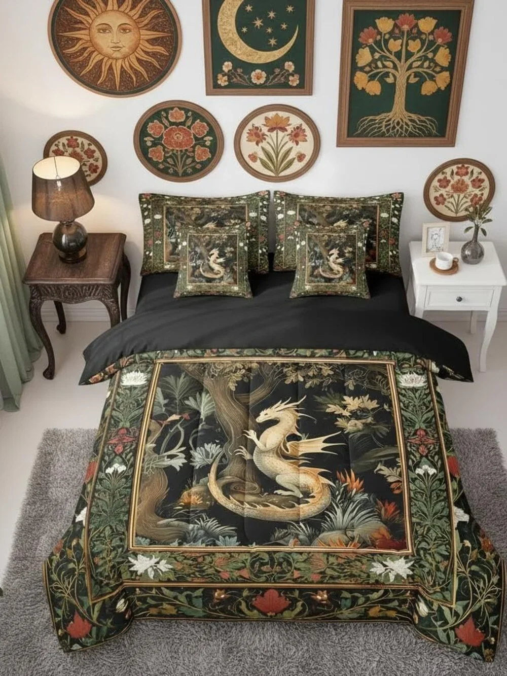 Western Dragon Comforter Country Style Flowers Leaves Bedding Set Twin Size 7 Pc